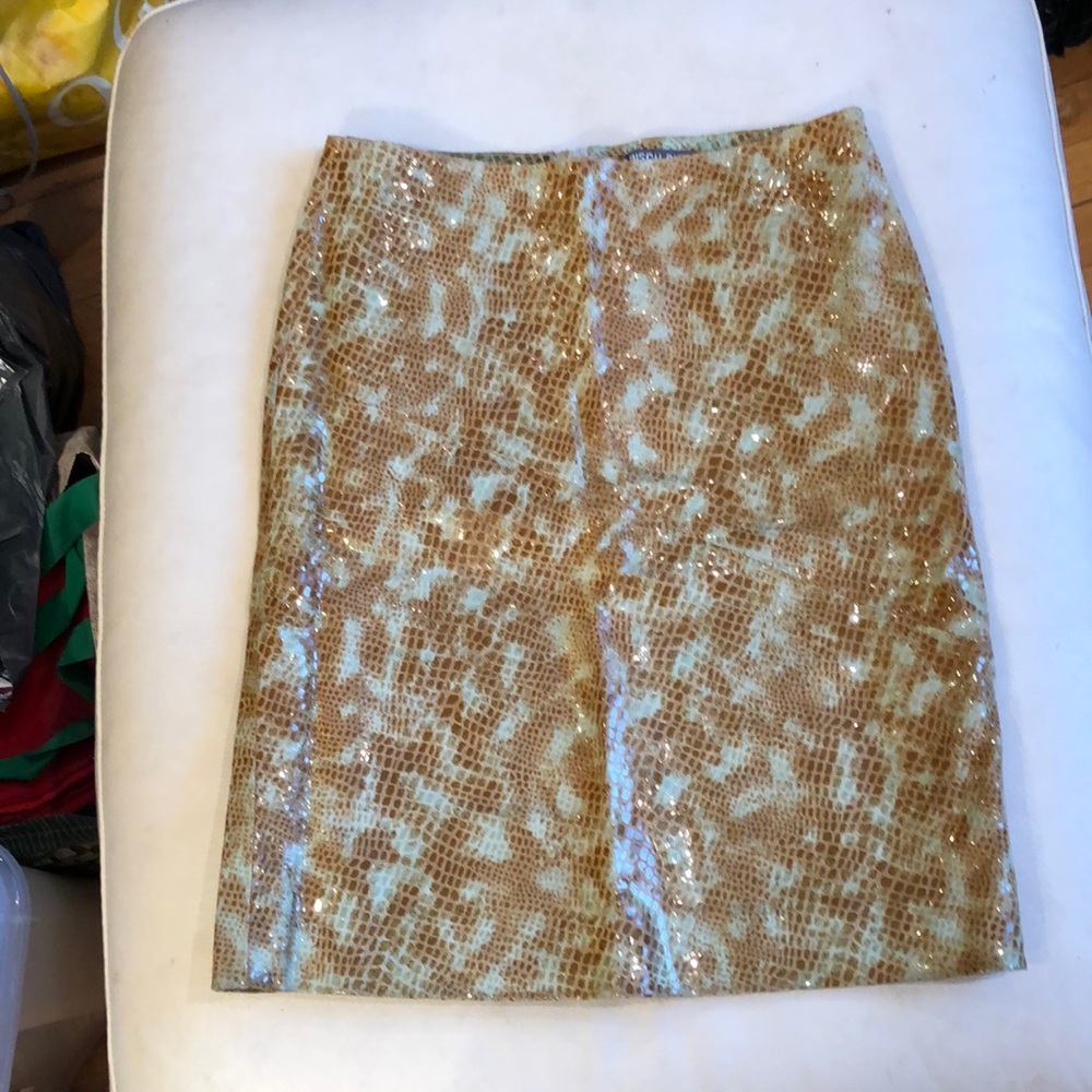 Bisou Bisou  tan/ light green leather pencil skirt